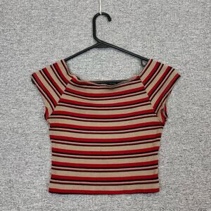 Brandy Melville Maroon Beige Black Striped Crop Top Off Shoulder Shirt Fits XS